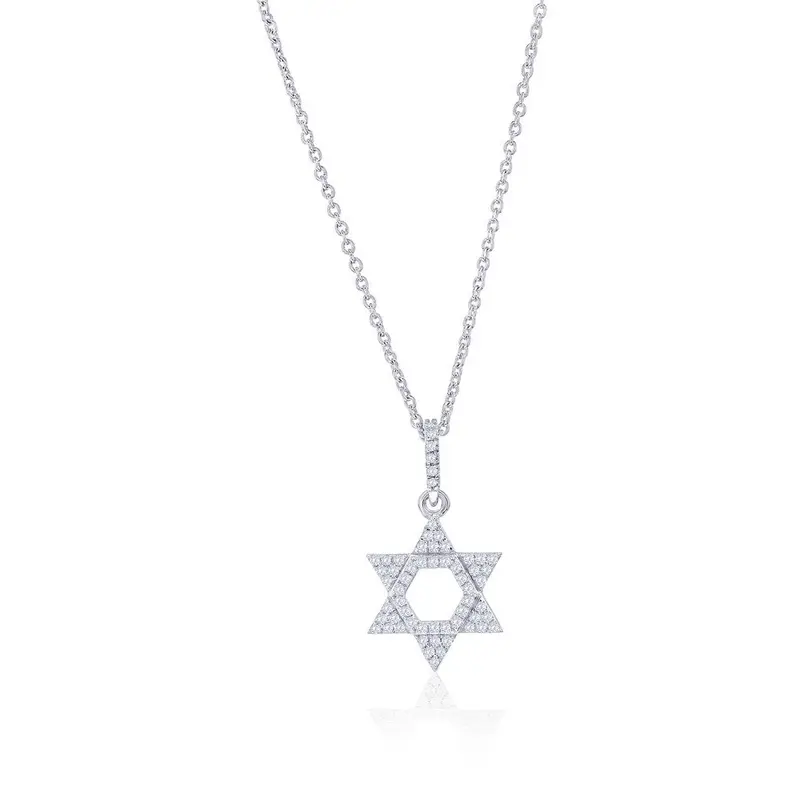 Sterling Silver, Star of David Diamond Necklace - (60 Stones)