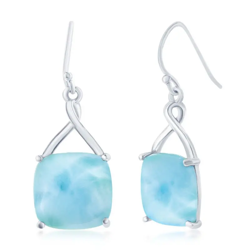 Sterling Silver Four-Prong Square Larimar Dangle Earrings