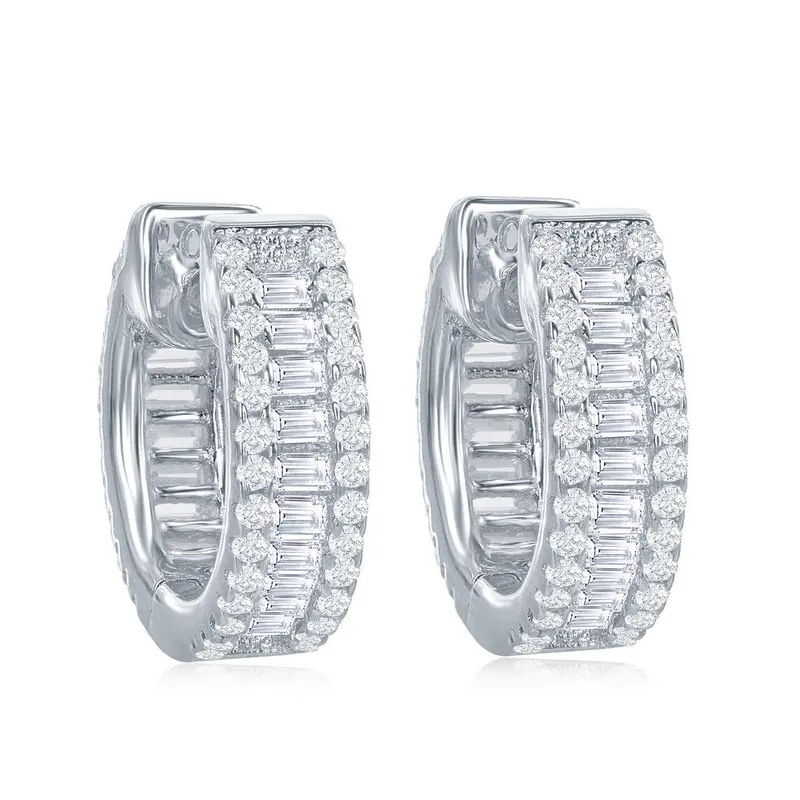 Sterling Silver Baguette CZ Small Hoop Earrings