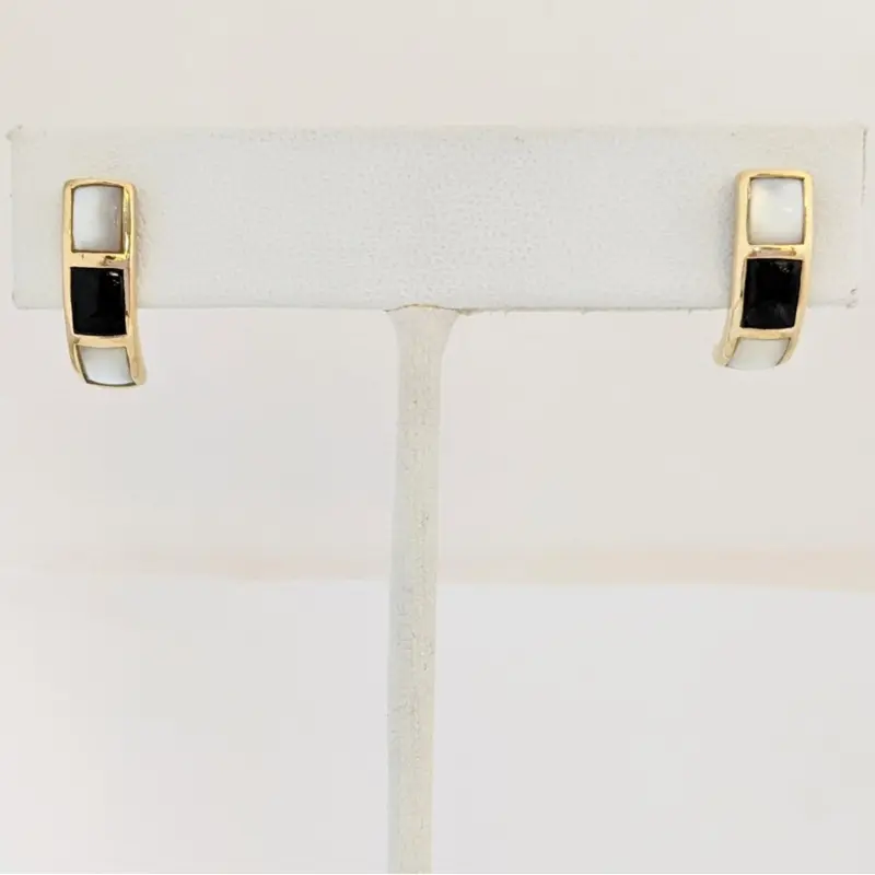 14K MOTHER OF PEARL /ONYX HALF HOOP ESTATE EARRINGS 2.6 GRAMS