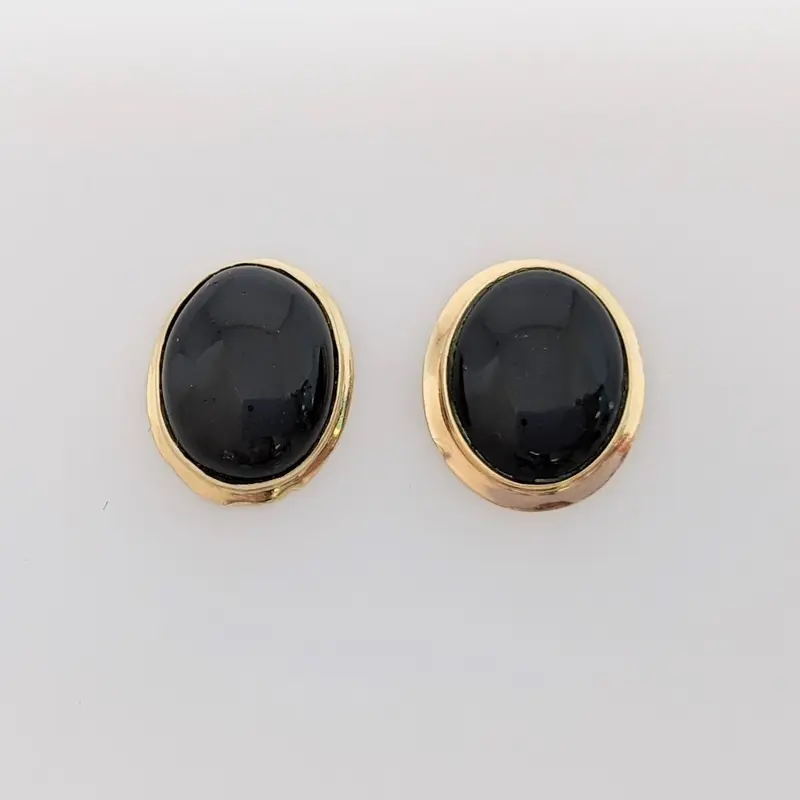 14K ONYX OVAL 8X10 GOLD TRIM STUD ESTATE EARRINGS 1.5 GRAMS