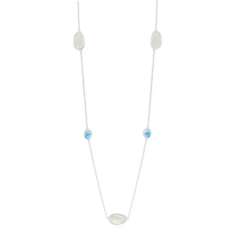 Sterling Silver Bezel-set Blue Topaz and Mother of Pearl by the Yard Necklace
