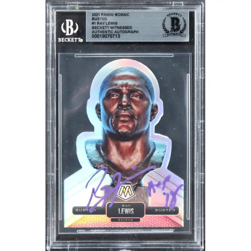 Ravens Ray Lewis "HOF 18" Signed 2021 Panini Mosaic Busted #1 Card BAS Slabbed