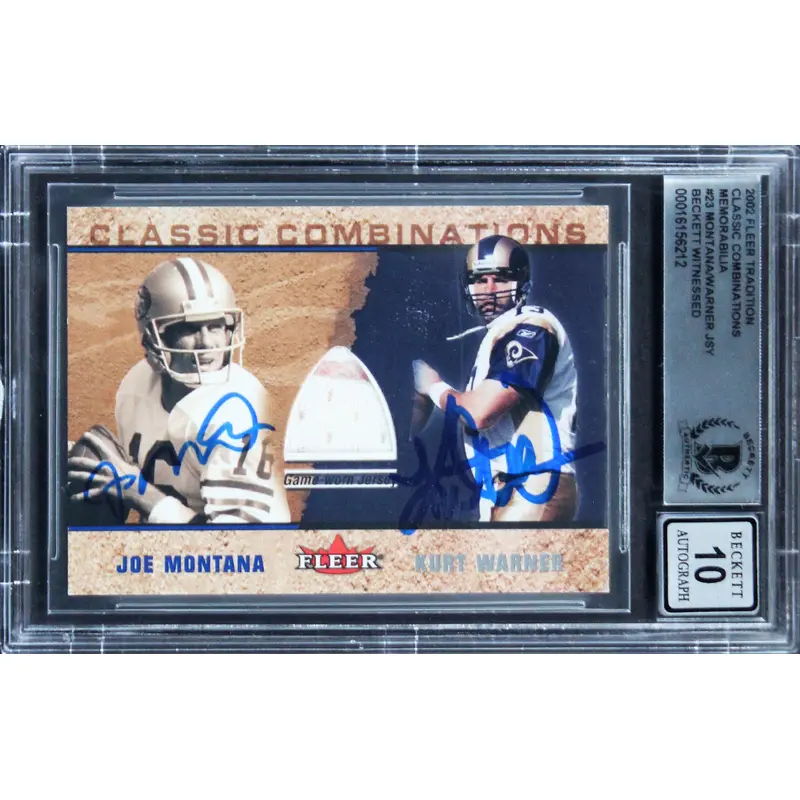 Joe Montana & Kurt Warner Signed 2002 Fleer Trad. #23 Card Auto 10! BAS Slab 2