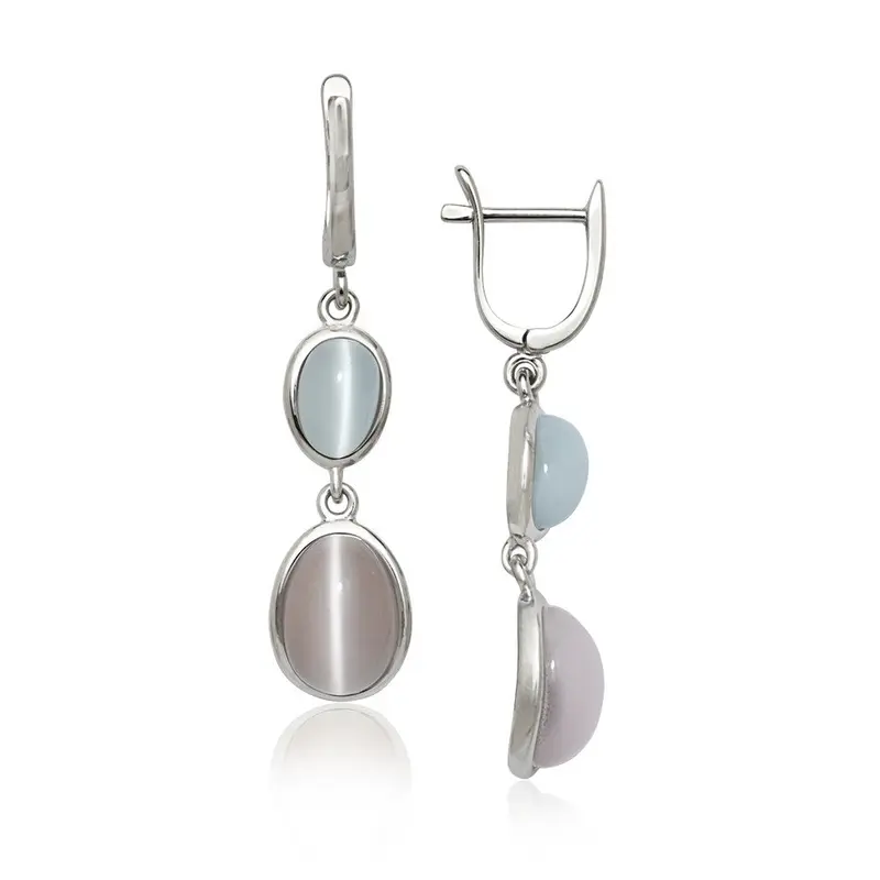 Sterling Silver Blue and Pink Oval Cat?s Eye Earrings