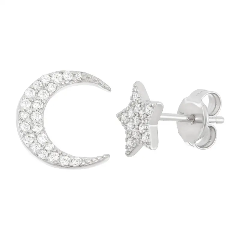Sterling Silver CZ Half Pair Star and Half Pair Crescent Moon Stud Earrings
