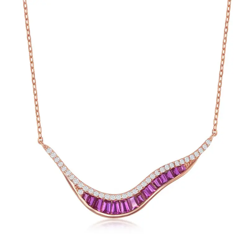 Sterling Silver 'V' Shape Baguette Necklace - Ruby CZ -  Rose Gold Plated