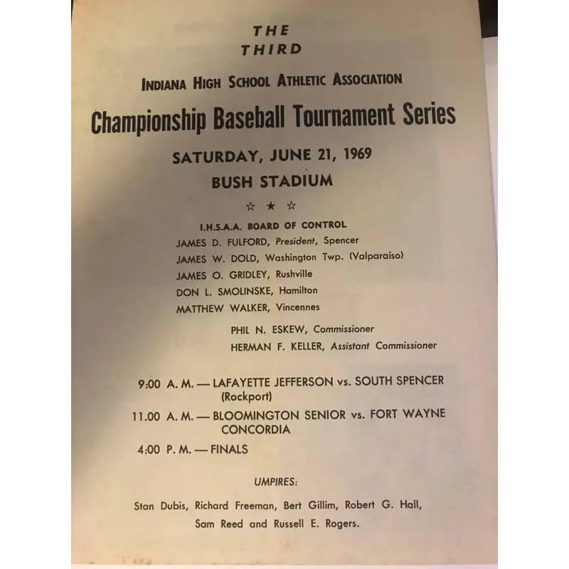 1969 Indiana High School Baseball State Finals Program