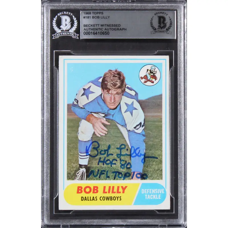 Cowboys Bob Lilly "2x Inscribed" Signed 1968 Topps #181 Rookie Card BAS Slabbed