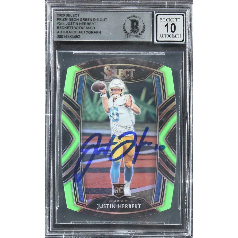 Justin Herbert Signed 2020 Select Prizm Neon Green DC #244 Card Auto 10 BAS Slab