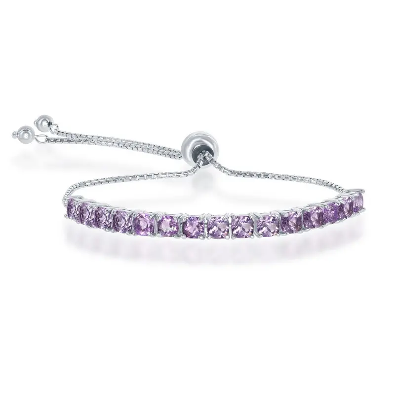 Sterling Silver 4MM Adjustable Tennis Bolo Bracelet - Amythist