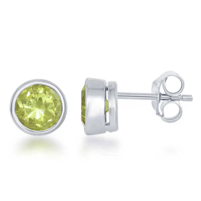 Sterling Silver, "August" Bezel Set Gem Studs - Peridot