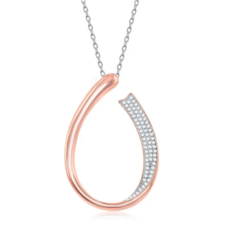 Sterling Silver Half Micro Pave J-Design Necklace - Rose Gold Plated