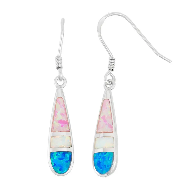 Sterling Silver White, Pink, and Blue Inlay Opal Teardrop Earrings