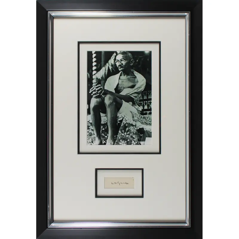 Mahatma Gandhi Authentic Signed & Framed 1.25x3.25 Cut Signature BAS #AB76452