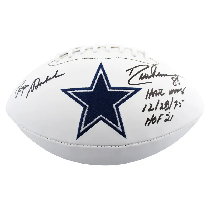 Roger Staubach & Drew Pearson "Hail Mary" Signed White Panel Logo Football BAS