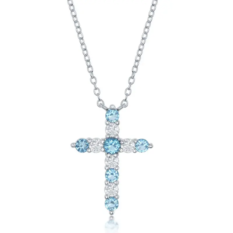 Sterling Silver Swiss Blue CZ 'December Birthstone' Cross Necklace