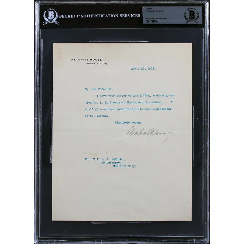 Woodrow Wilson Signed 7x8.75 1913 Letter On White House Letterhead BAS Slab