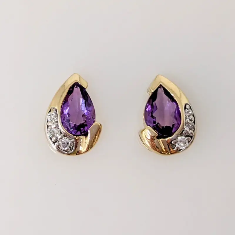14K AMETHYST PEAR 5X7 WITH (6) MELEE ESTATE EARRINGS 2.1 GRAMS