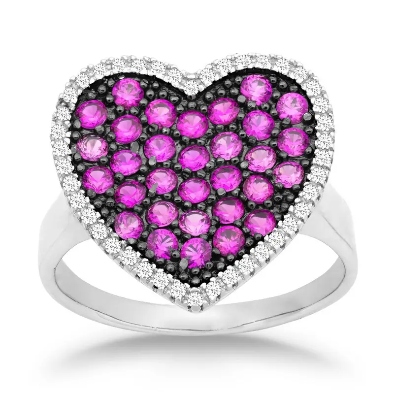 Sterling Silver Clear and Pink CZ Black Rhodium Heart Ring
