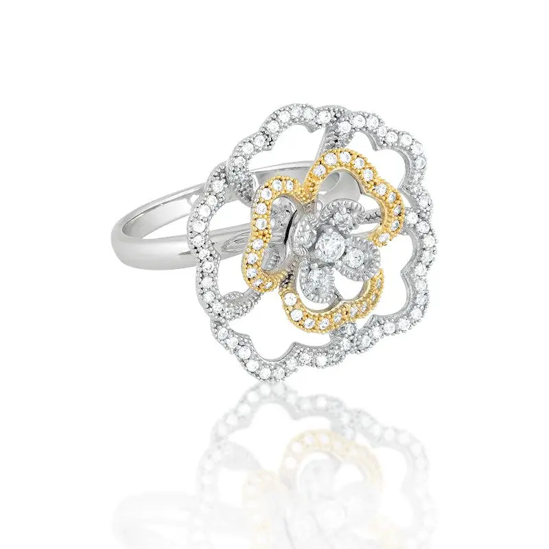 Sterling Silver Two-Tone CZ and Micro Pave Rose Ring (88 stones)
