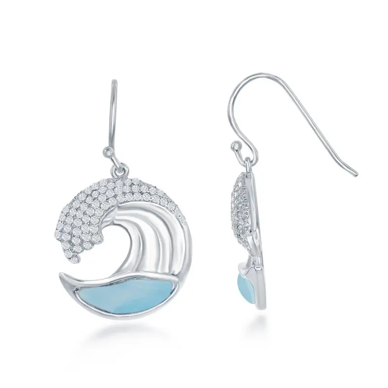 Sterling Silver Larimar Wave Design with CZ's Earrings