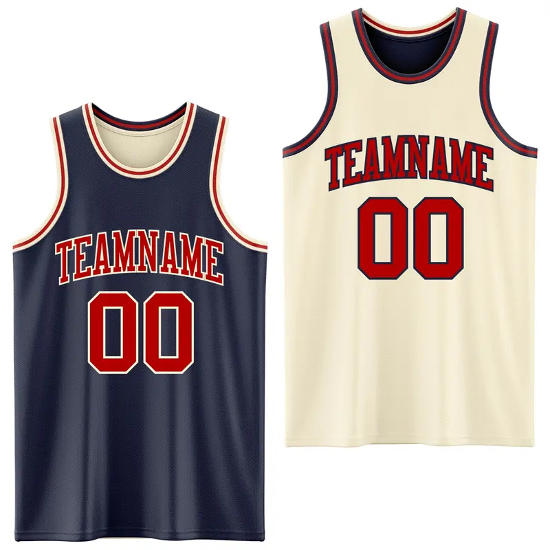 Custom Reversible Navy Red-Cream Double Side Sublimation Basketball Suit Jersey