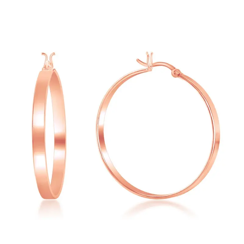 Sterling Silver 4x35mm Flat Hoop Earrings - Rose Gold Plated