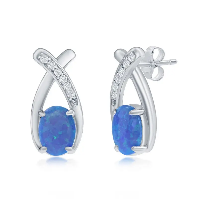 Sterling Silver Oval Blue Opal with CZ Earrings