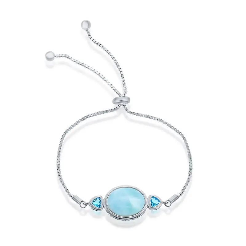 Sterling Silver Oval Larimar with Blue CZ Side Stones Adjustable Bolo Bracelet