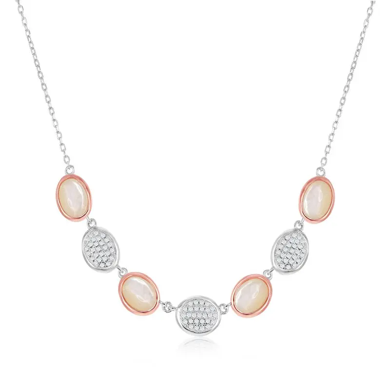 Sterling Silver Two-Tone Alternating Oval Micro Pave and Mother of Pearl Necklace