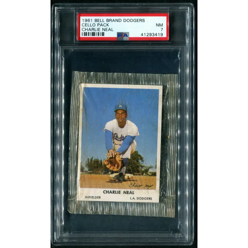 1961 Bell Brand Dodgers Baseball Unopened Cello Pack Charlie Neal PSA 7