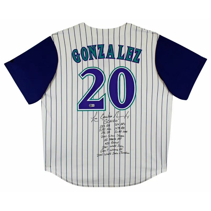 D-Backs Luis Gonzalez "Career Stat" Signed White Pinstripe Majestic Jersey BAS W