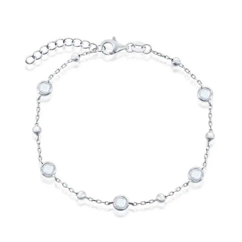 Sterling Silver, Bezel-Set CZ & Bead Bracelet - White