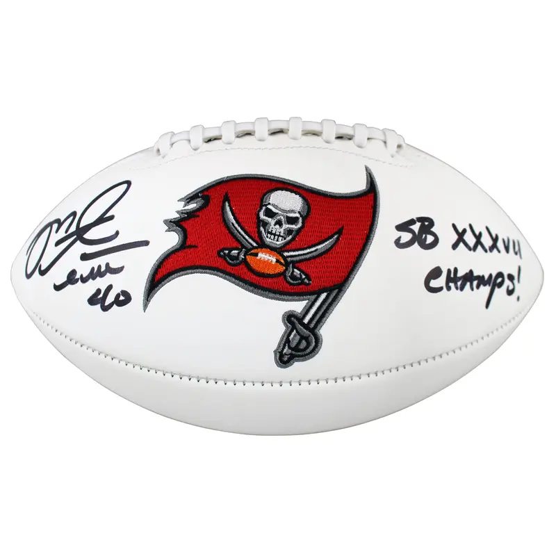 Buccaneers Mike Alstott "SB XXXVII Champs" Signed White Panel Logo Football BAS