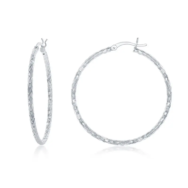 Sterling Silver, 40mm Diamond Cut Hoop Earrings
