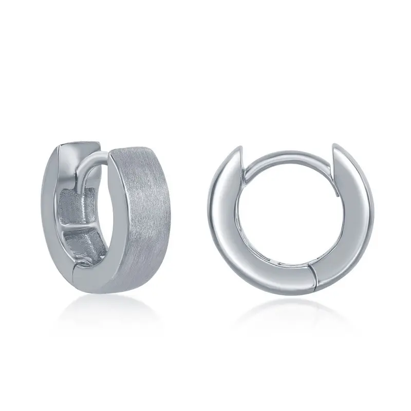 Sterling Silver, 4x13mm Brushed Design, Huggie Hoop Earrings