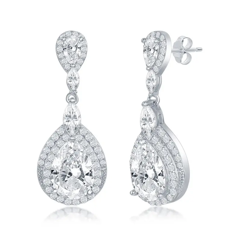 Sterling Silver Double Pearshaped CZ Dangling Earrings