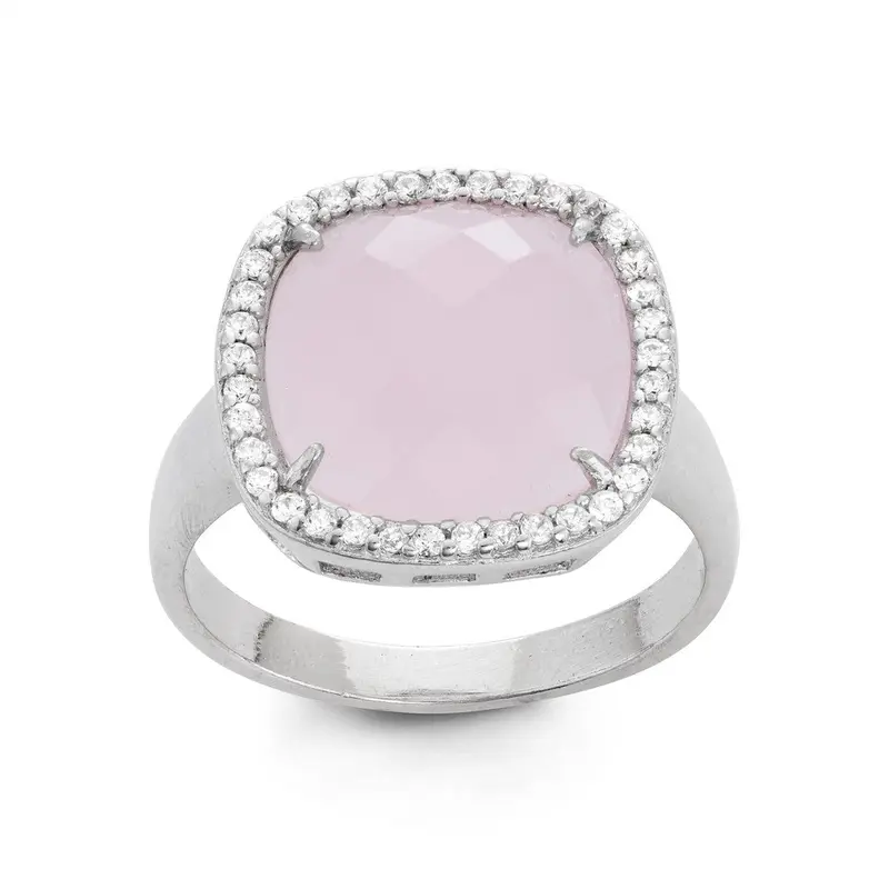 Sterling Silver Large Rose Quartz Square with CZ Border Ring