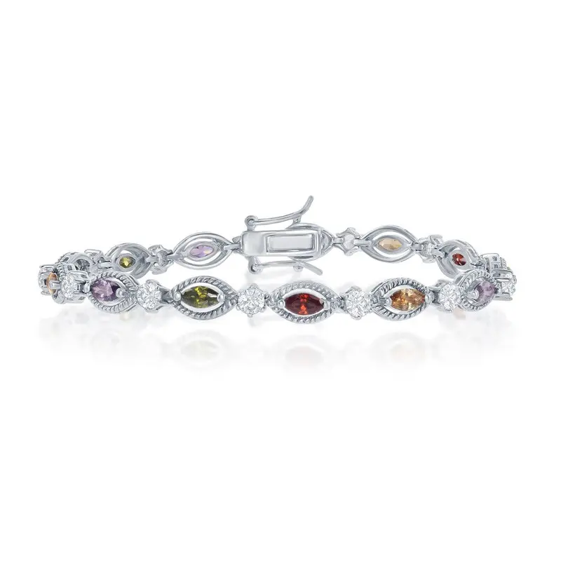 Sterling Silver Multi-Color Marquise CZ with 6 Prong Clear CZ Bracelet