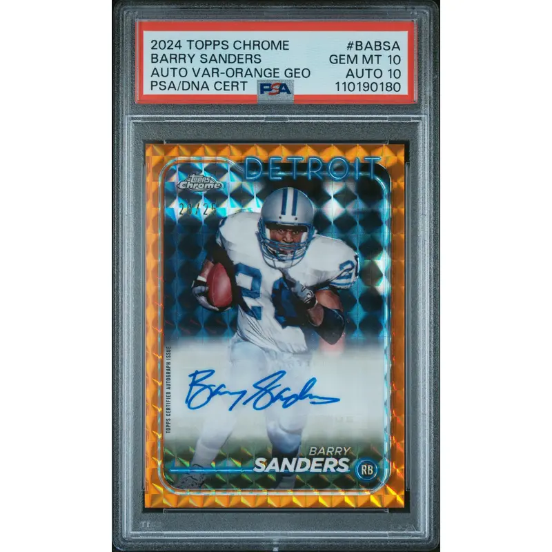 Barry Sanders 2024 Topps Chrome Orange Geometric Auto #20/25 PSA 10 Auto 10