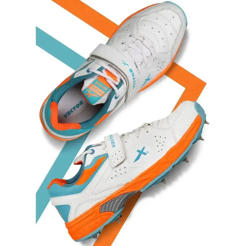 VECTOR X CKT-200 Spikes Cricket Shoes For Men (White, Orange) | KIBI Sports