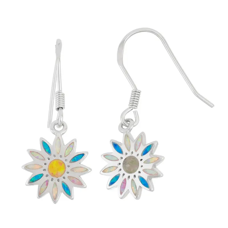 Sterling Silver White, Pink, and Blue Inlay Opal Sun Earrings