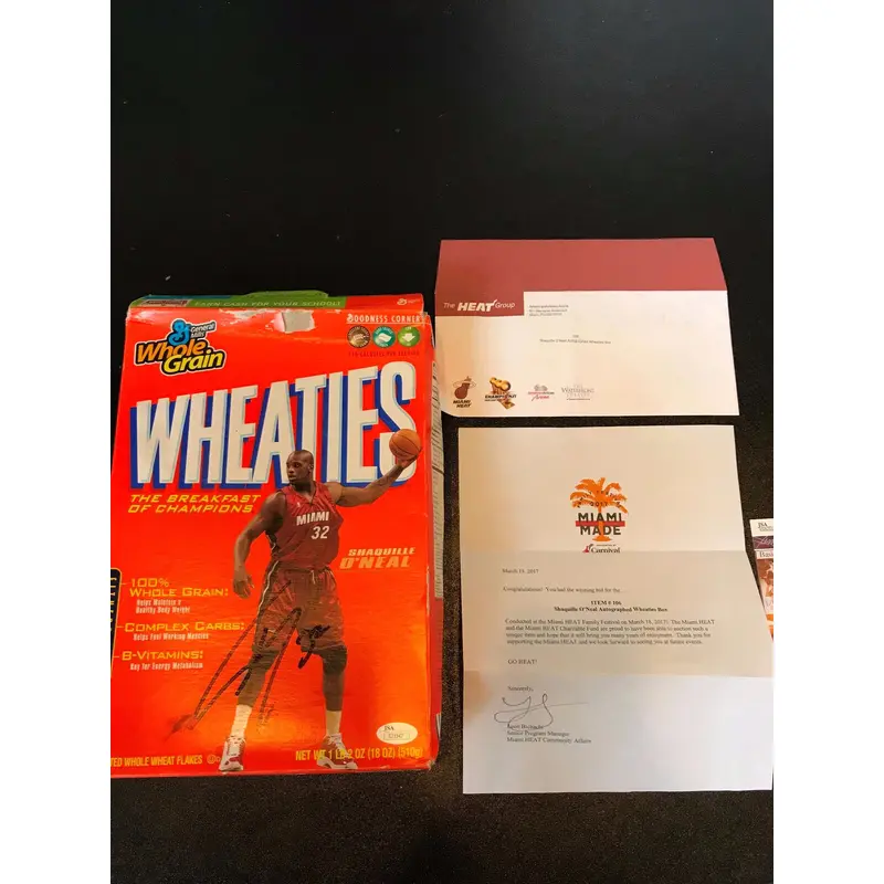 Shaquille O'neal Signed Miami Heat Wheaties Cereal Box JSA COA & Team Letter