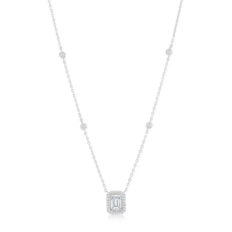 Sterling Silver Rectangle Baguette & Round Bezel-Set CZ Necklace