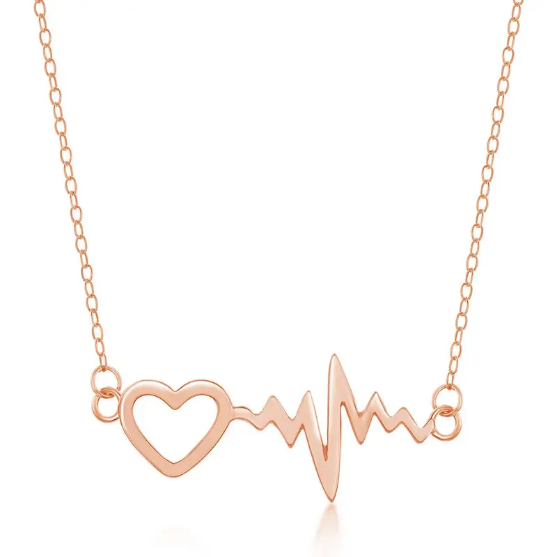 Sterling Silver Heartbeat with Heart Necklace - Rose Gold Plated