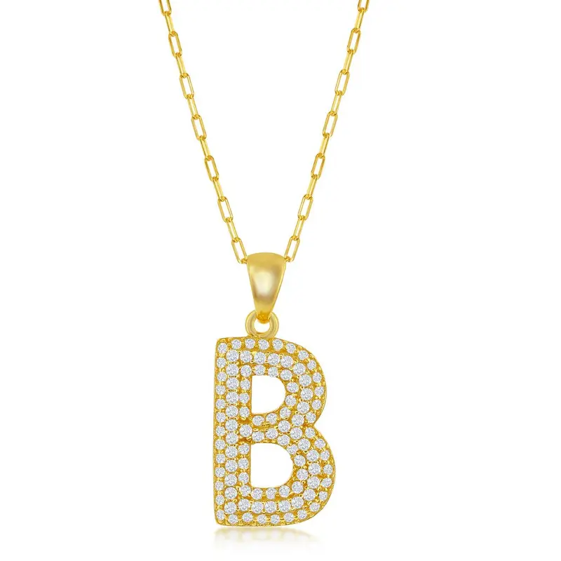 Sterling Silver, Micro Pave CZ  'B'  Block Initial w/ Paperclip Chain - Gold Plated