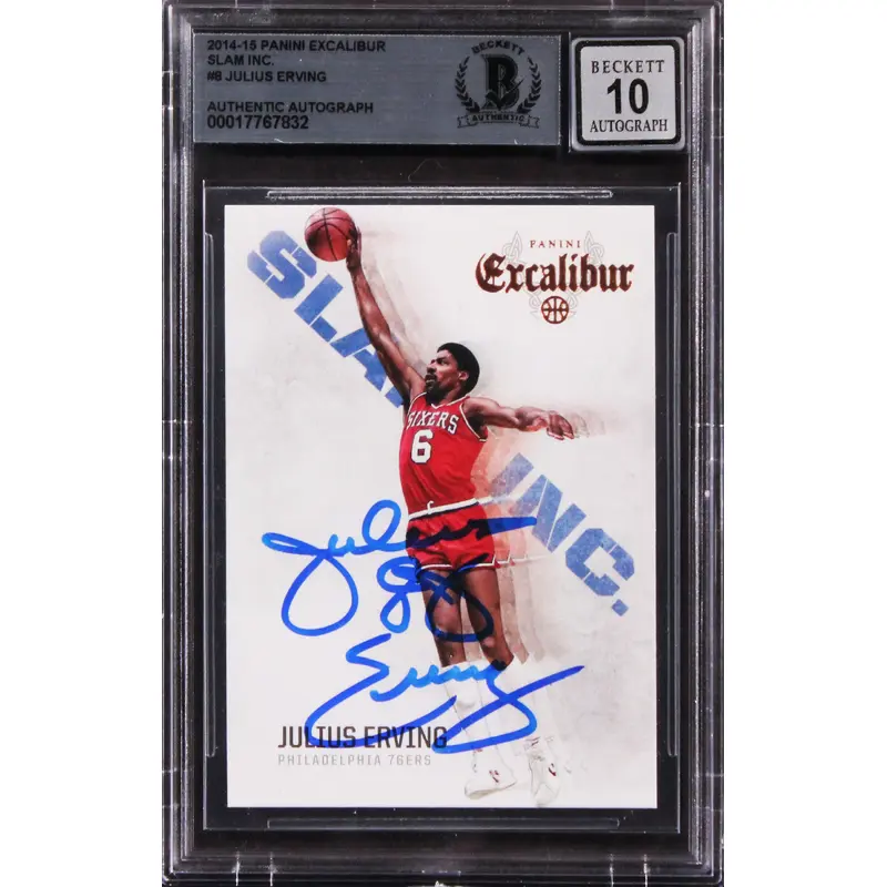 76ers Julius Erving Signed 2014 Panini Excalibur Slam Inc. Card Auto 10 BAS Slab