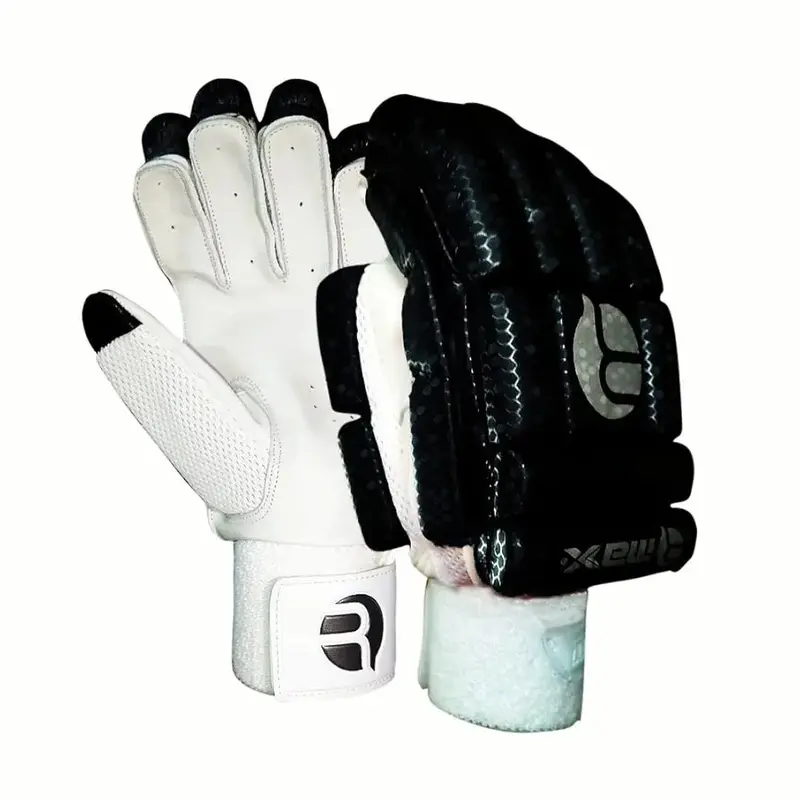 RMAX Unisex Leather & PU Cricket Batting Gloves Black & White | Kibi Sports