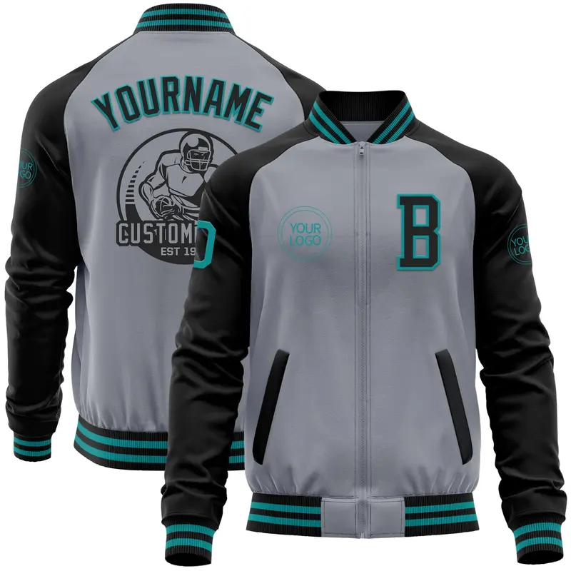 Custom Gray Teal-Black Bomber Varsity Letterman Two Tone Zipper Jacket